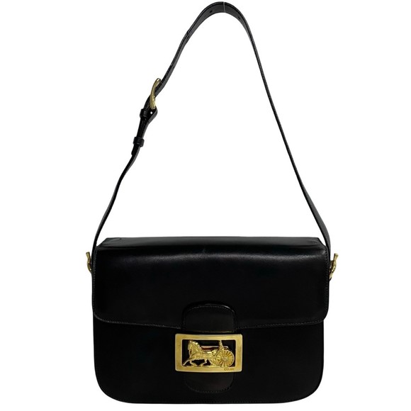 CELINE 179-9, Black Leather Semi-Shoulder Bag with Horse-Drawn Carriage Desig... - Picture 1 of 9
